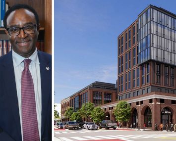 Howard University President Dr. Ben Vinson III and a rendering of the university's Fusion Building project.
